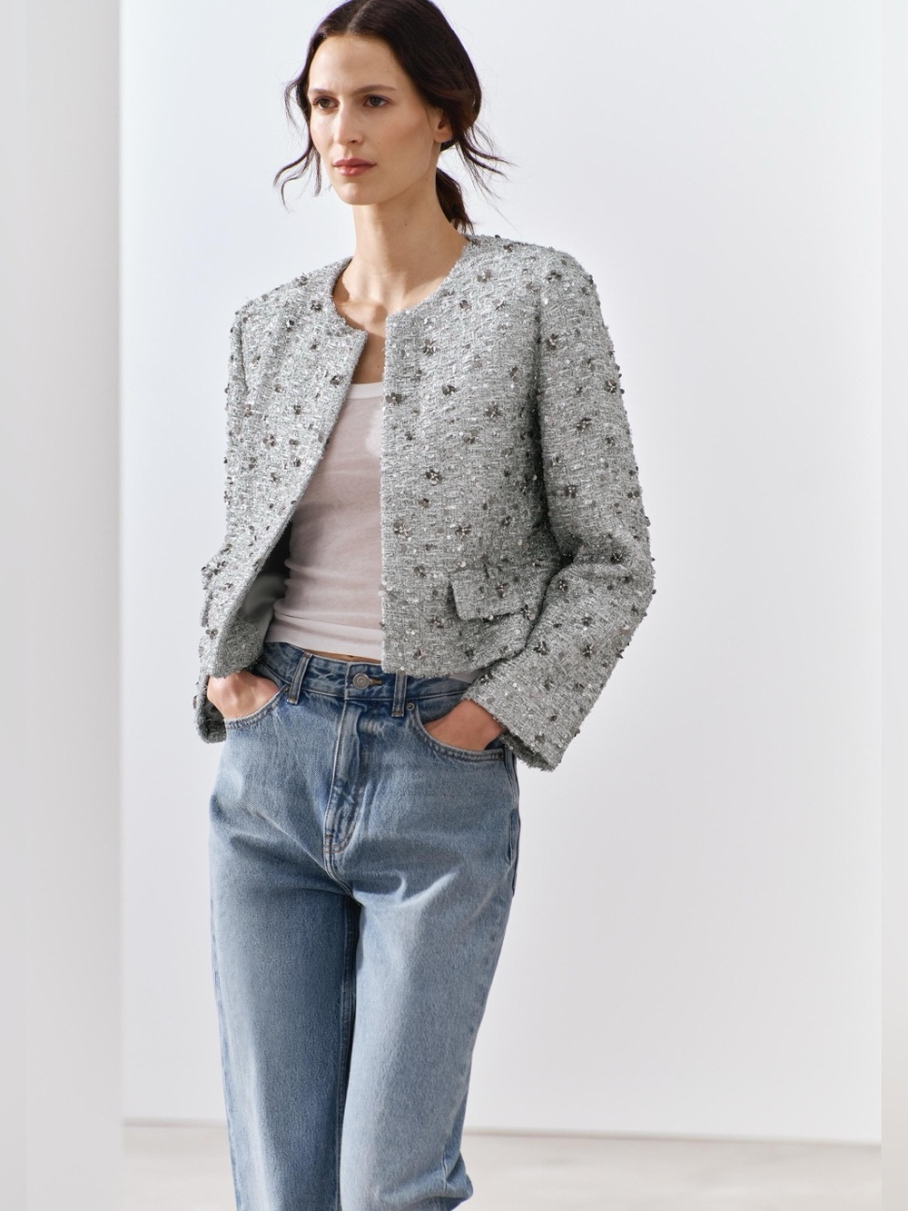 Zara ZW Collection Silver Sequin Cropped Jacket | Large | NWT